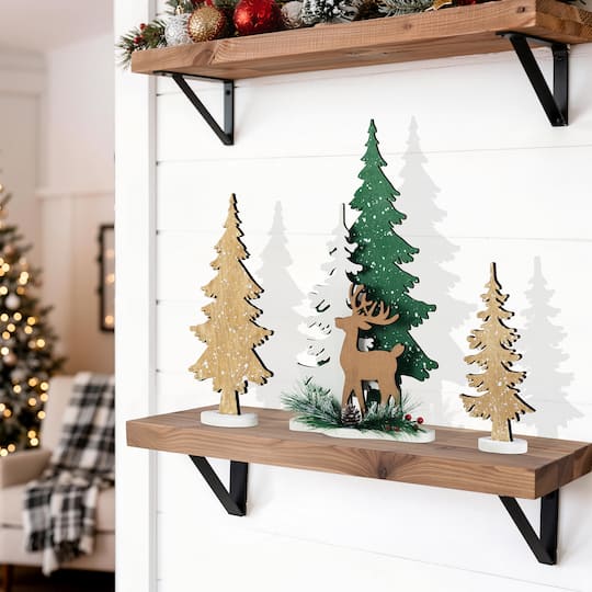 Glitzhome® Set of 3 Wooden Christmas Reindeer & Tree Table Decor